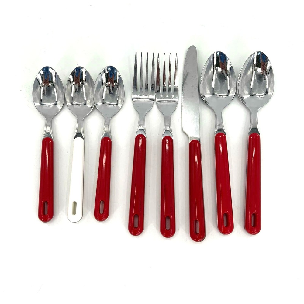 Set red handle spoons forks knife with hole for hanging